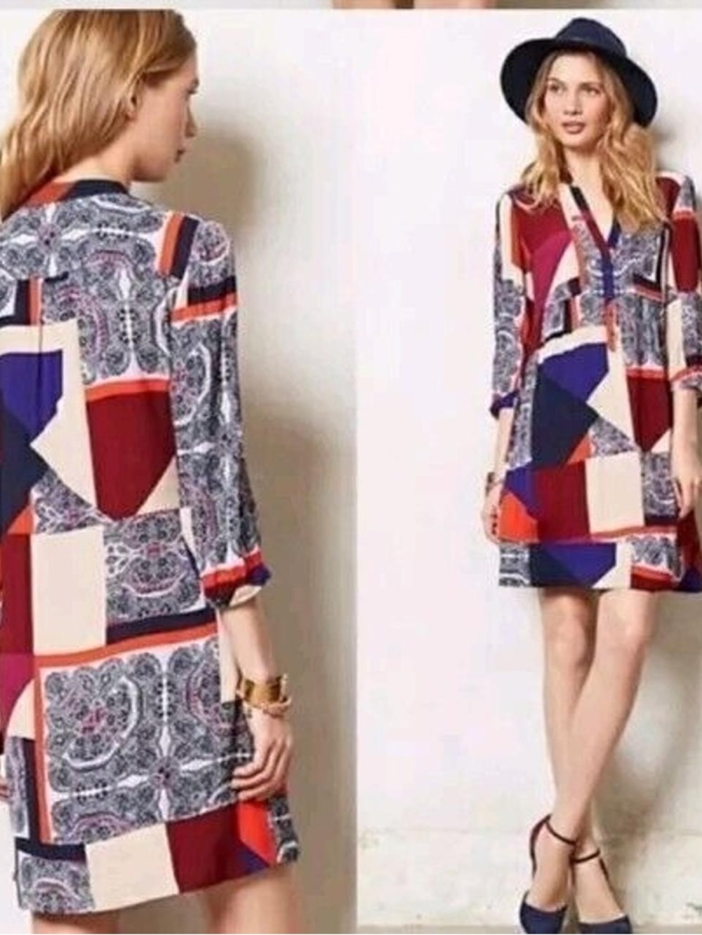 Maeve Geometric Print Hippie Shift Midi Dress in Burgundy, Navy & Cream Size 6